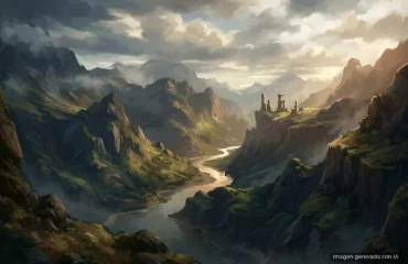 164-dragons-dogma-2-parche-3-2-mejora-rendimiento Valle de montañas escarpadas con un río serpenteante, ruinas de un castillo en una meseta a la derecha y cielo nublado con rayos de luz. Imagen generada con IA.