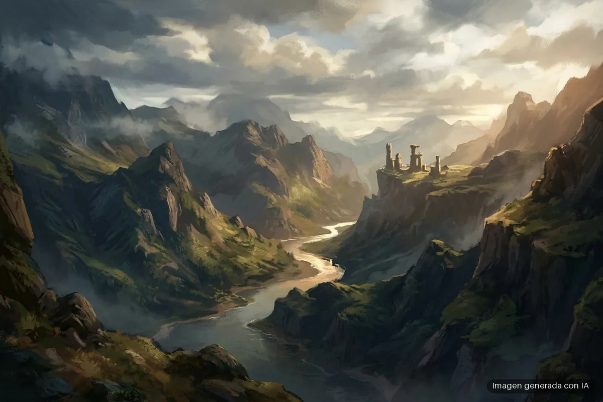 164-dragons-dogma-2-parche-3-2-mejora-rendimiento Valle de montañas escarpadas con un río serpenteante, ruinas de un castillo en una meseta a la derecha y cielo nublado con rayos de luz. Imagen generada con IA.