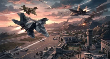 Aviones de combate volando sobre una base militar con explosiones, montañas y edificios al fondo bajo un cielo nublado al atardecer. Imagen generada con IA.