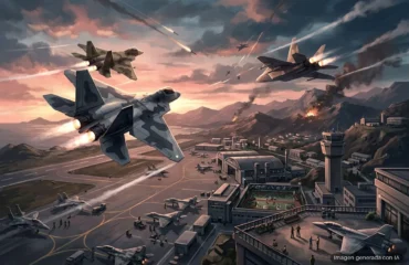 165-ace-combat-8-ace-combat-online-pve-pvp-base-aerea-social Aviones de combate volando sobre una base militar con explosiones, montañas y edificios al fondo bajo un cielo nublado al atardecer. Imagen generada con IA.