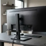 Monitor de pantalla ancha negra sobre un escritorio gris con su pie de soporte, cables conectados en la parte trasera y teclado delante. Imagen generada con IA.