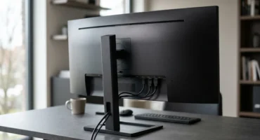 Monitor de pantalla ancha negra sobre un escritorio gris con su pie de soporte, cables conectados en la parte trasera y teclado delante. Imagen generada con IA.