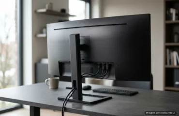 169-philips-34b2u5900c-resolucion-dual-docking-usb-c-140w Monitor de pantalla ancha negra sobre un escritorio gris con su pie de soporte, cables conectados en la parte trasera y teclado delante. Imagen generada con IA.