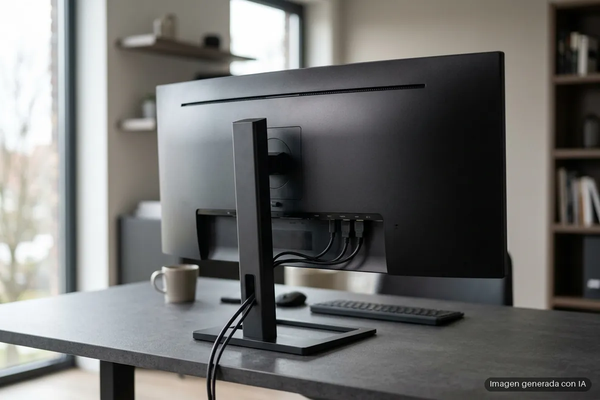 169-philips-34b2u5900c-resolucion-dual-docking-usb-c-140w Monitor de pantalla ancha negra sobre un escritorio gris con su pie de soporte, cables conectados en la parte trasera y teclado delante. Imagen generada con IA.