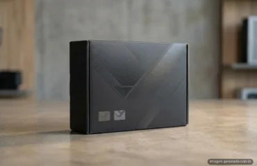Caja negra de cartón sobre una mesa de madera con diseño geométrico en relieve y dos iconos pequeños en la parte frontal inferior. Imagen generada con IA.