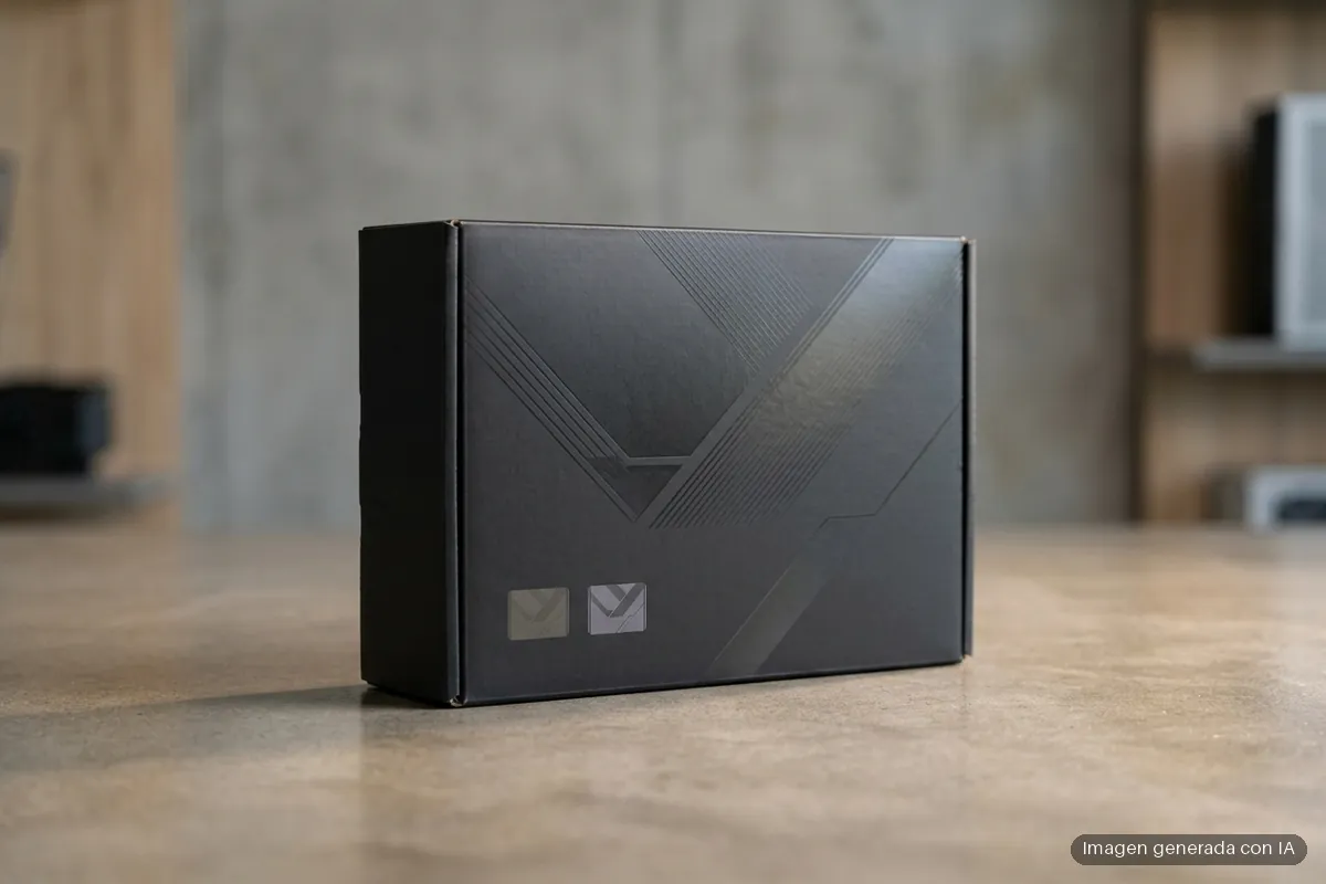 176-nvidia-rtx-spark-n1x-octubre-dos-configuraciones Caja negra de cartón sobre una mesa de madera con diseño geométrico en relieve y dos iconos pequeños en la parte frontal inferior. Imagen generada con IA.