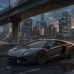 Coche deportivo de color oscuro estacionado bajo un puente elevado con rascacielos iluminados al atardecer. Imagen generada con IA.