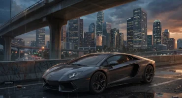 Coche deportivo de color oscuro estacionado bajo un puente elevado con rascacielos iluminados al atardecer. Imagen generada con IA.