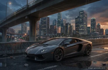 Coche deportivo de color oscuro estacionado bajo un puente elevado con rascacielos iluminados al atardecer. Imagen generada con IA.
