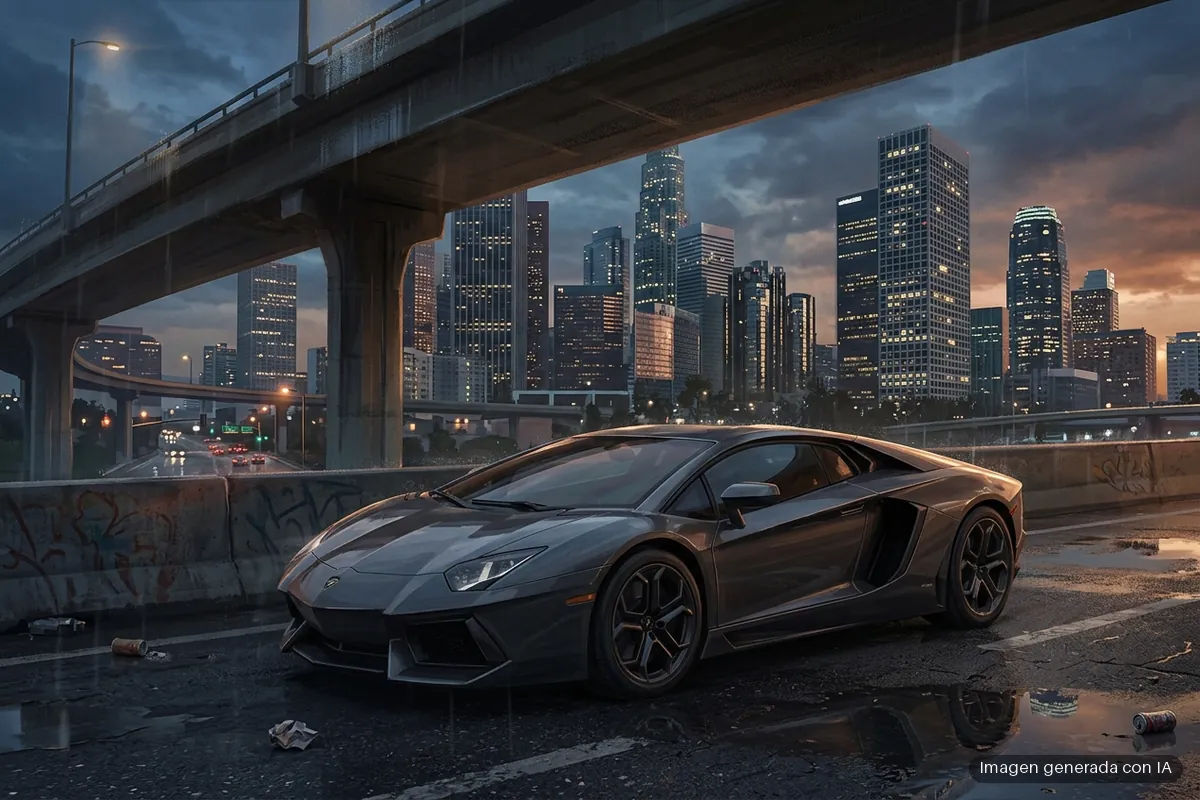 179-gta-6-ps5-pro-30-fps-4k-filtracion Coche deportivo de color oscuro estacionado bajo un puente elevado con rascacielos iluminados al atardecer. Imagen generada con IA.