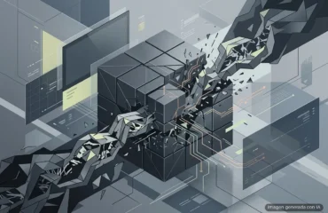 183-atacantes-comprometen-registro-coder-modulos-terraform-malware Ilustración de servidores y elementos tecnológicos fragmentados y en desintegración alrededor de cubos negros con circuitos… Imagen generada con IA.