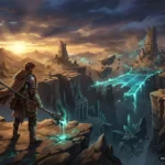 Personaje con armadura y capa en un acantilado árido observa ruinas de torres de piedra conectadas por puentes de luz verde azulada… Imagen generada con IA.