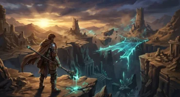 Personaje con armadura y capa en un acantilado árido observa ruinas de torres de piedra conectadas por puentes de luz verde azulada… Imagen generada con IA.