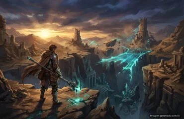 Personaje con armadura y capa en un acantilado árido observa ruinas de torres de piedra conectadas por puentes de luz verde azulada… Imagen generada con IA.