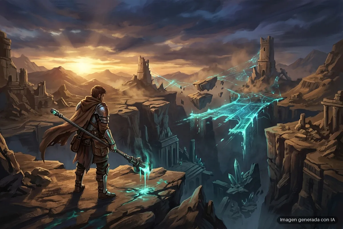 184-xbox-cloud-gaming-limites-mensuales-noviembre Personaje con armadura y capa en un acantilado árido observa ruinas de torres de piedra conectadas por puentes de luz verde azulada… Imagen generada con IA.