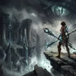Personaje con arco y flechas de energía en una plataforma rocosa frente a una ciudad en ruinas bajo un cielo tormentoso. Imagen generada con IA.