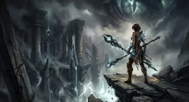 Personaje con arco y flechas de energía en una plataforma rocosa frente a una ciudad en ruinas bajo un cielo tormentoso. Imagen generada con IA.