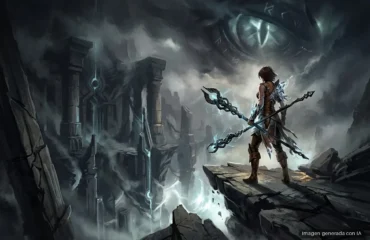 Personaje con arco y flechas de energía en una plataforma rocosa frente a una ciudad en ruinas bajo un cielo tormentoso. Imagen generada con IA.
