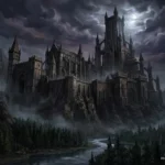 Castillo gótico de piedra gris sobre acantilados rocosos en noche nublada, rodeado de bosque de coníferas y un río en primer plano. Imagen generada con IA.