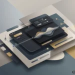 Composición 3D de capas de interfaces digitales en tonos azules y beige con controles deslizantes y elementos de diseño gráfico… Imagen generada con IA.