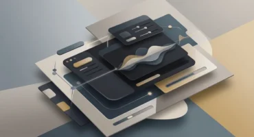 Composición 3D de capas de interfaces digitales en tonos azules y beige con controles deslizantes y elementos de diseño gráfico… Imagen generada con IA.