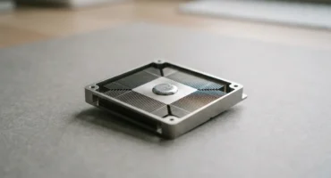 Disipador de calor de aluminio con aletas de ventilación y tornillo central sobre superficie gris. Imagen generada con IA.