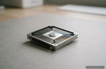 Disipador de calor de aluminio con aletas de ventilación y tornillo central sobre superficie gris. Imagen generada con IA.