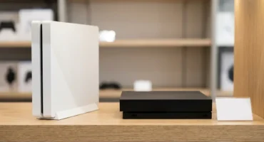 Dos consolas de sobremesa, una blanca vertical y otra negra, expuestas en la estantería de una tienda. Imagen generada con IA.