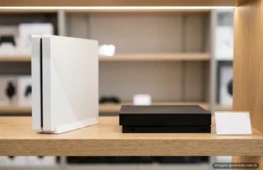 Dos consolas de sobremesa, una blanca vertical y otra negra, expuestas en la estantería de una tienda. Imagen generada con IA.