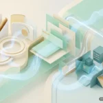 Ilustración tridimensional con formas geométricas en tonos pastel, engranajes, carpetas y líneas de luz azul que fluyen entre elementos… Imagen generada con IA.