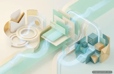 199-gemini-live-gmail-docs-keep Ilustración tridimensional con formas geométricas en tonos pastel, engranajes, carpetas y líneas de luz azul que fluyen entre elementos… Imagen generada con IA.