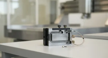 Dispositivo de medición con pantalla analógica, dos botones de ajuste y un cable conectado, sobre una mesa de laboratorio. Imagen generada con IA.