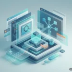 Múltiples ventanas de navegador y aplicaciones superpuestas en vista isométrica, conectadas por líneas que representan transferencia… Imagen generada con IA.