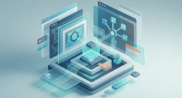 Múltiples ventanas de navegador y aplicaciones superpuestas en vista isométrica, conectadas por líneas que representan transferencia… Imagen generada con IA.