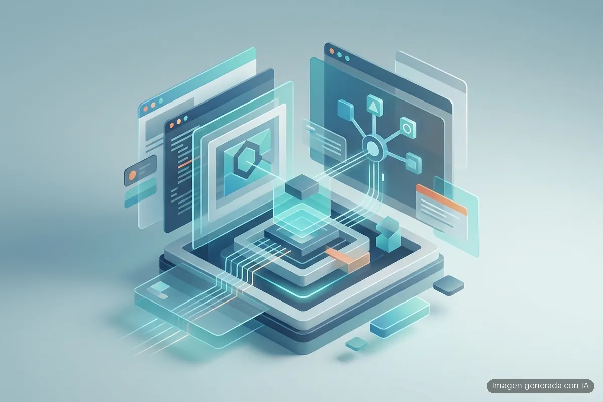 209-fallo-dia-cero-crowdstrike-falcon-privilegios-system-windows Múltiples ventanas de navegador y aplicaciones superpuestas en vista isométrica, conectadas por líneas que representan transferencia… Imagen generada con IA.