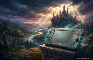 210-nintendo-dos-direct-zelda-switch-2 Consola portátil con marcos metálicos y botones sobre piedra, con castillo medieval iluminado al fondo en paisaje montañoso. Imagen generada con IA.