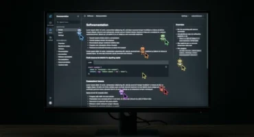 Monitor con página de documentación de software abierta, múltiples cursores de ratón de colores superpuestos sobre el contenido. Imagen generada con IA.