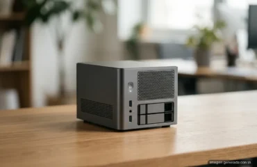 Servidor compacto con panel frontal perforado y bahías de almacenamiento sobre una mesa de madera. Imagen generada con IA.