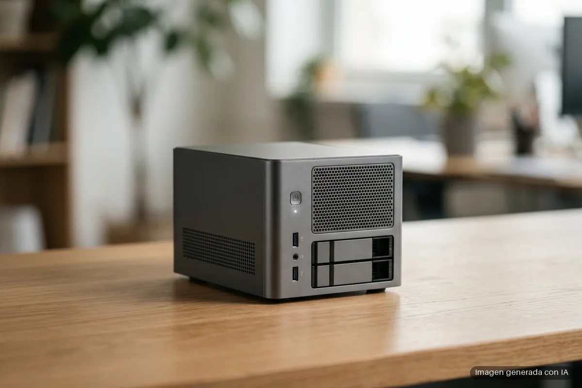 214-minisforum-nas-mini-pc-ryzen-ai-max-pro-495 Servidor compacto con panel frontal perforado y bahías de almacenamiento sobre una mesa de madera. Imagen generada con IA.