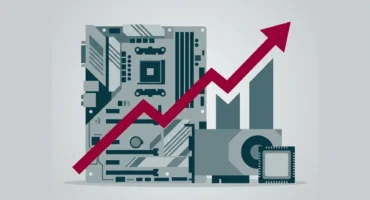 Placa base con procesador y flecha roja ascendente junto a gráfico de barras, simbolizando crecimiento tecnológico. Imagen generada con IA.