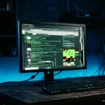 Monitor mostrando código fuente y gráficos de píxeles de colores en una mesa con teclado retroiluminado. Imagen generada con IA.