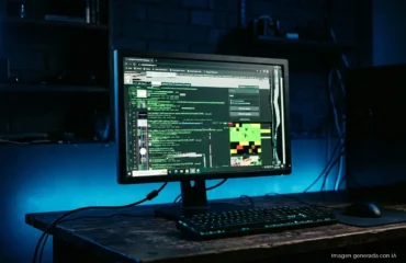 217-starcraft-web-fallos-arg-blizzcon-2026 Monitor mostrando código fuente y gráficos de píxeles de colores en una mesa con teclado retroiluminado. Imagen generada con IA.
