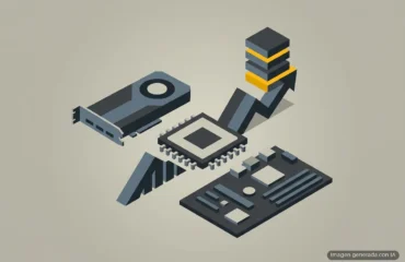 218-naura-grabado-chips-3d-dram-china Tarjeta gráfica, procesador y placa base conectados con flecha ascendente y capas de datos en isometría sobre fondo gris. Imagen generada con IA.