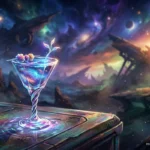 Copa de cristal con bebida luminosa y planta brillante sobre mesa de madera en paisaje fantasía con planetas. Imagen generada con IA.