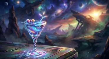 Copa de cristal con bebida luminosa y planta brillante sobre mesa de madera en paisaje fantasía con planetas. Imagen generada con IA.