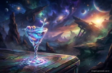 220-hello-games-cosmos-no-mans-sky-emoji-coctel Copa de cristal con bebida luminosa y planta brillante sobre mesa de madera en paisaje fantasía con planetas. Imagen generada con IA.