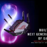 Router ROG Rapture GT-BN98 de ASUS con logotipo ROG y antenas, sobre un 8 luminoso y el rótulo WiFi 8