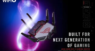 Router ROG Rapture GT-BN98 de ASUS con logotipo ROG y antenas, sobre un 8 luminoso y el rótulo WiFi 8