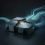 Procesador modular metálico con flujos de datos luminiscentes azules emanando desde los laterales sobre superficie oscura. Imagen generada con IA.