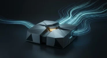 Procesador modular metálico con flujos de datos luminiscentes azules emanando desde los laterales sobre superficie oscura. Imagen generada con IA.